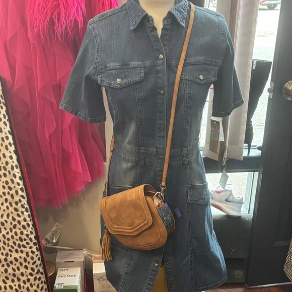 Denim Midi Shirt Dress with Pearl Detail - Blue - Picture 11 of 12